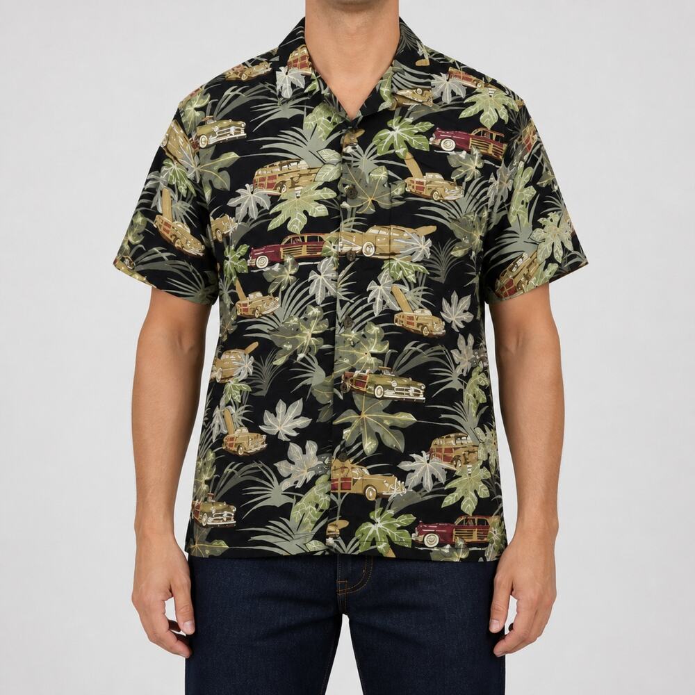 Cactus Black Label Shirt Mens Large Black Classic Car Floral Hawaiian Button Up